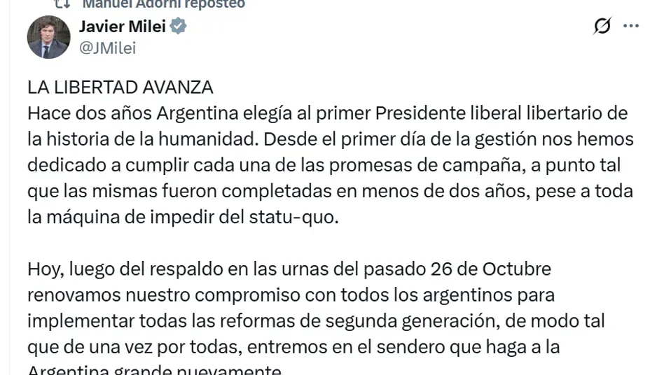 Javier Milei recuerda su victoria en el balotaje de 2023