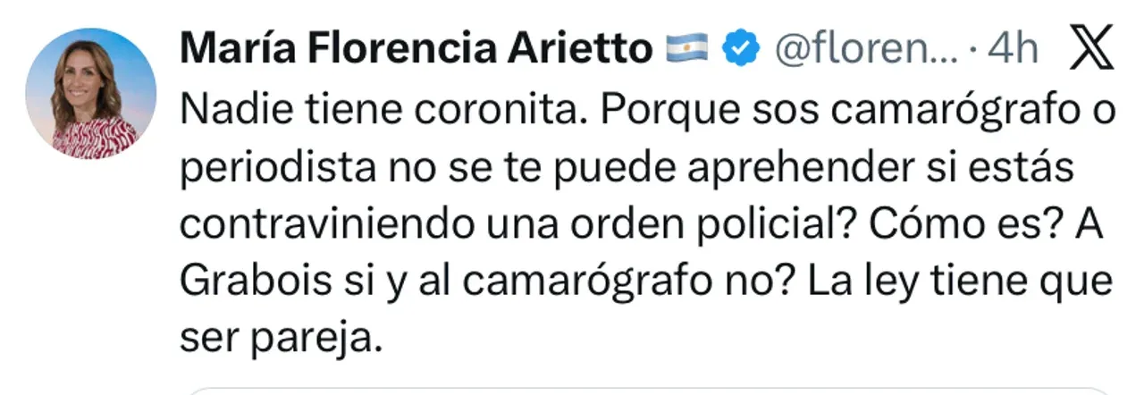 Arietto defiende la represión policial al camarógrafo: "Excelente la Policía Federal"