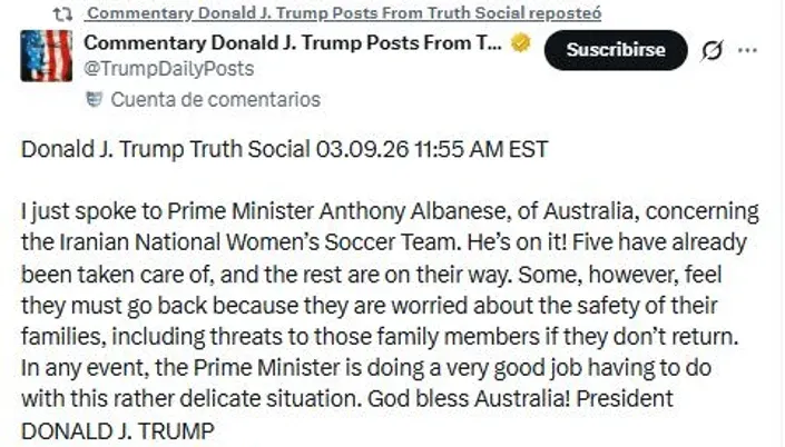 Trump asegura que Australia dará asilo a jugadoras iraníes que protestaron