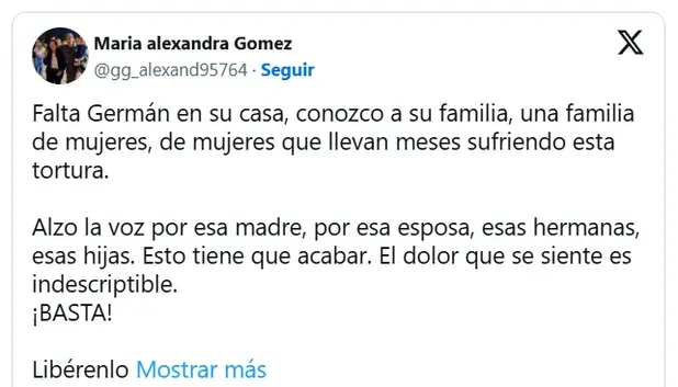 El clamor de María Alexandra Gómez por la libertad de Germán Giuliani en Venezuela
